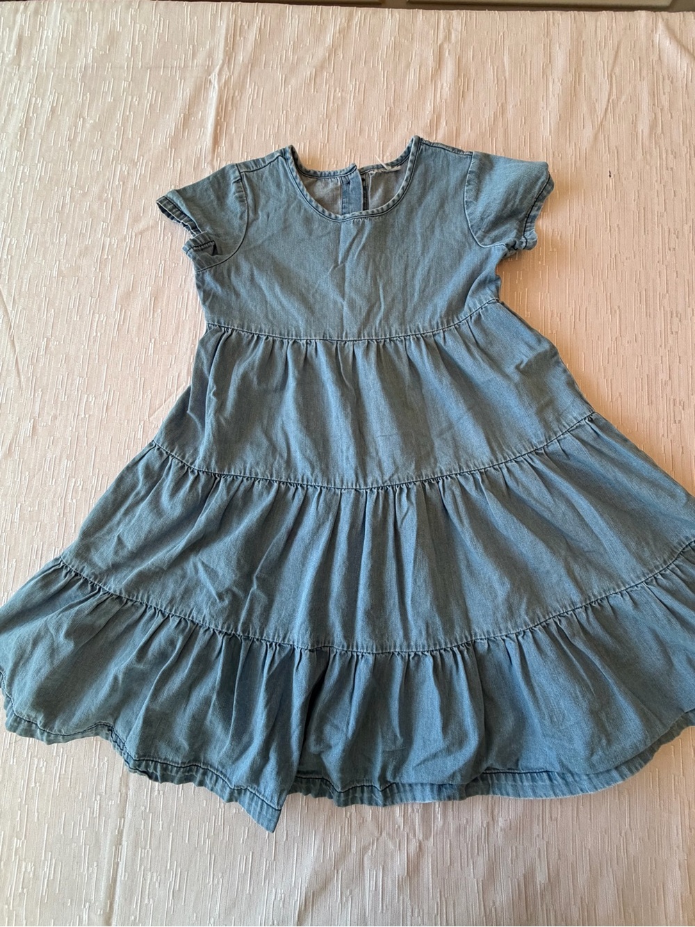 Hanna Andersson Blue Denim Chambray Tiered Short Sleeve Dress Size 6-7